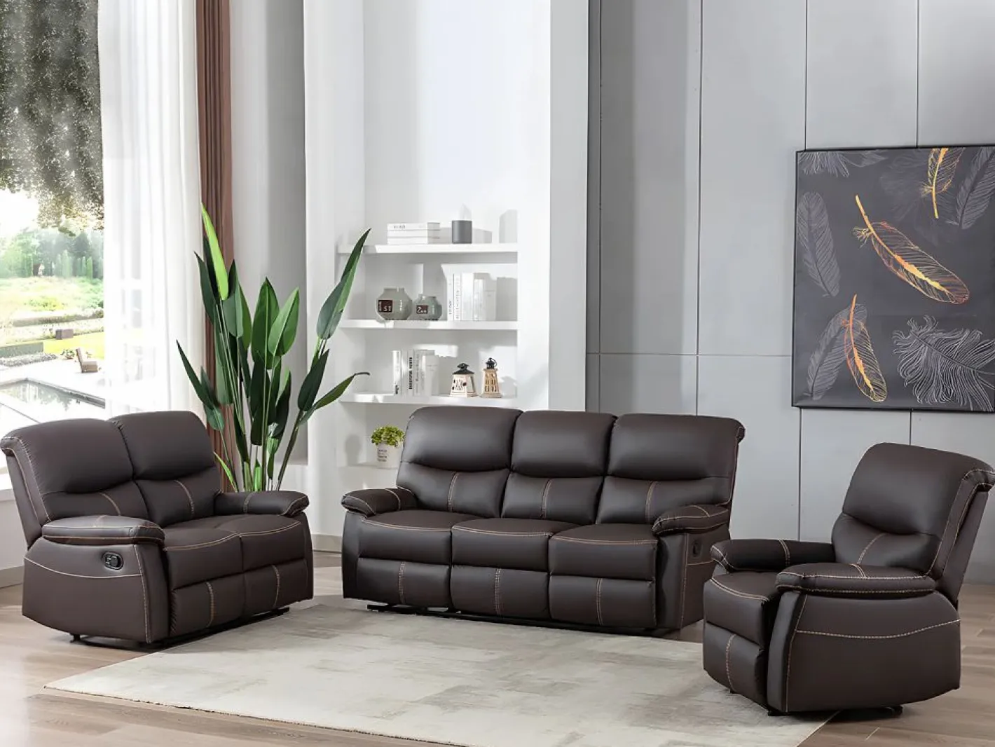 Vente-unique Conjunto Sofás|Sofás 3+2 relax: manual de piel sintética marrón pespuntes beige CANBY