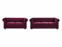 Vente-unique Sofás Chesterfield de terciopelo morado de 3 plazas y 2 plazas Granate