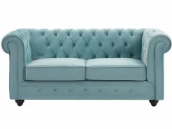 Vente-unique Sofás de 3 plazas, 2 plazas y un sillón de terciopelo azul pastel CHESTERFIELD Azul celeste Outlet