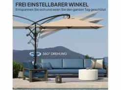 Sombrilla Cantilever Ø260cm, tejido de poliéster 180g/m², protección UV50+, color caqui, incluye base, manivela y funda (295x250x235cm)^ Outlet