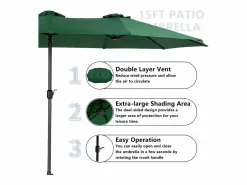Sombrilla de doble cabeza (4,53 m x 2,67 m), sombrilla excéntrica, sistema de elevación con manivela, ideal para jardín o terraza, protección solar óptima Verde Online