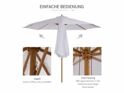 Sombrilla de madera, 300 cm, con mecanismo de elevación, bambú, color crema (300x300x250 cm)^ Clearance