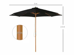 Sombrilla de madera, 300 cm, robusta y elegante, bambú, color negro, (300x300x250 cm)^ Sale