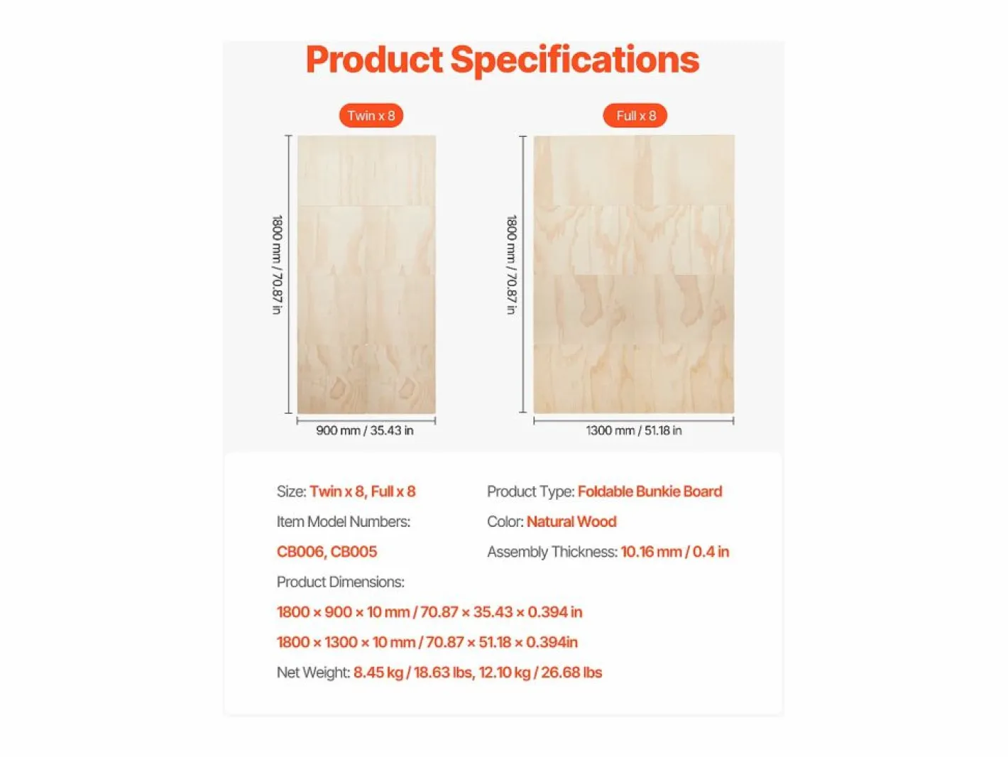 Base De Cama De Láminas|Somier de listones SucceBuy Plegable Tamaño Completo, Colchón Superior de Madera para el Soporte bajo los Colchones, Listo para Usar, 8 Piezas, de Madera Natural