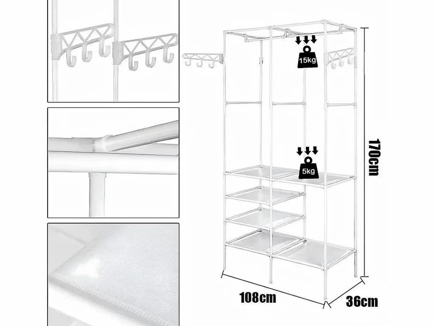 Soporte moderno de la barra doble con ganchos, ropa, ropa de vestuario, guardarropa 108x36x170cm -^DripeX New