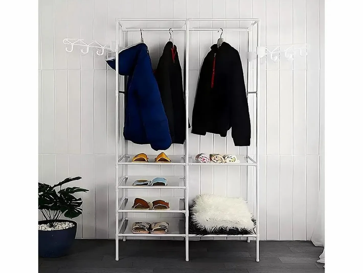 Soporte moderno de la barra doble con ganchos, ropa, ropa de vestuario, guardarropa 108x36x170cm -^DripeX New