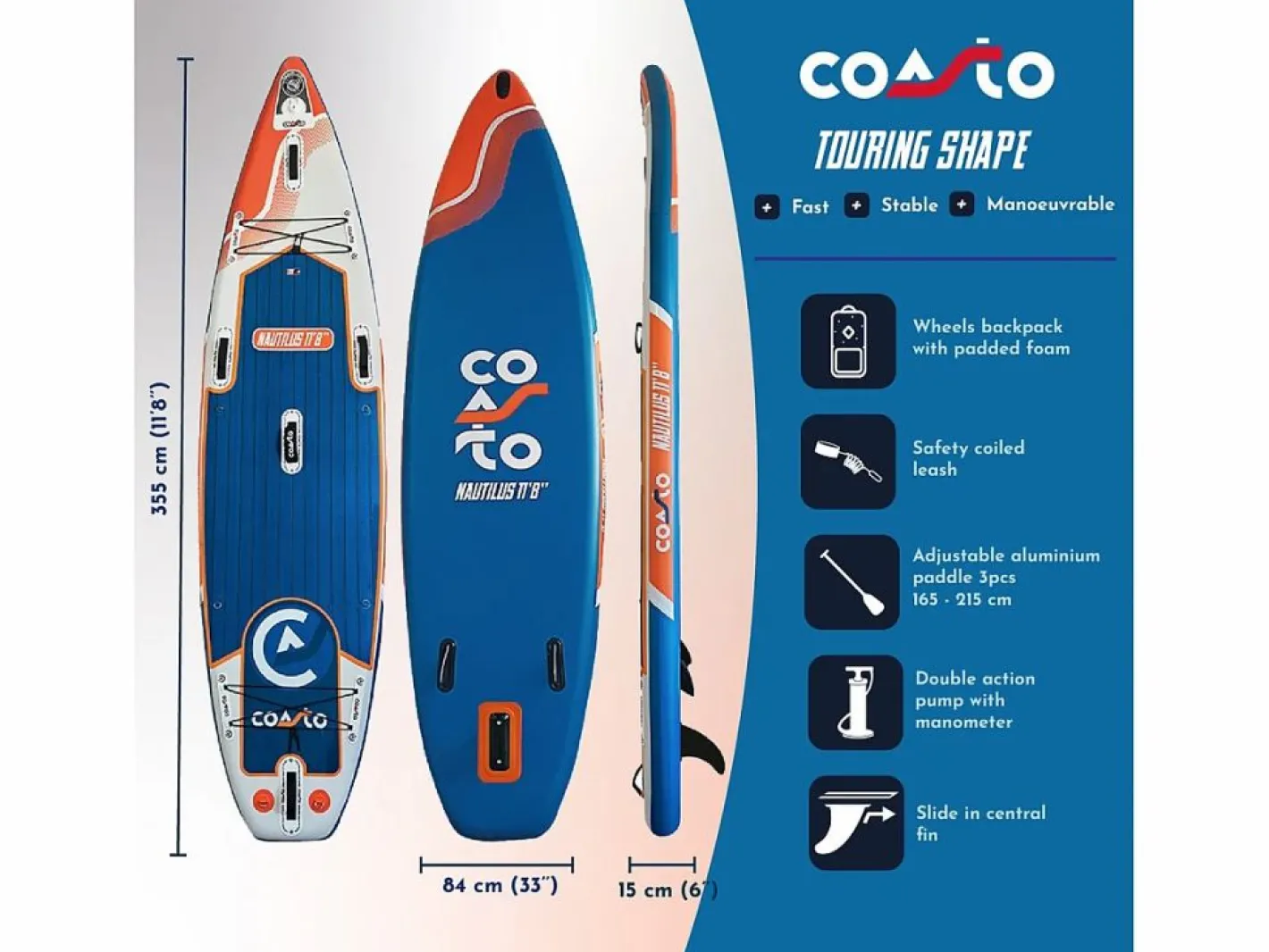 COASTO SUP hinchable Paddle Touring Nautilus 355x86x15cm (11'8x34 x6) Dropstitch Double Layer Fusion Full Pack - Collection 2021 Azul Outlet