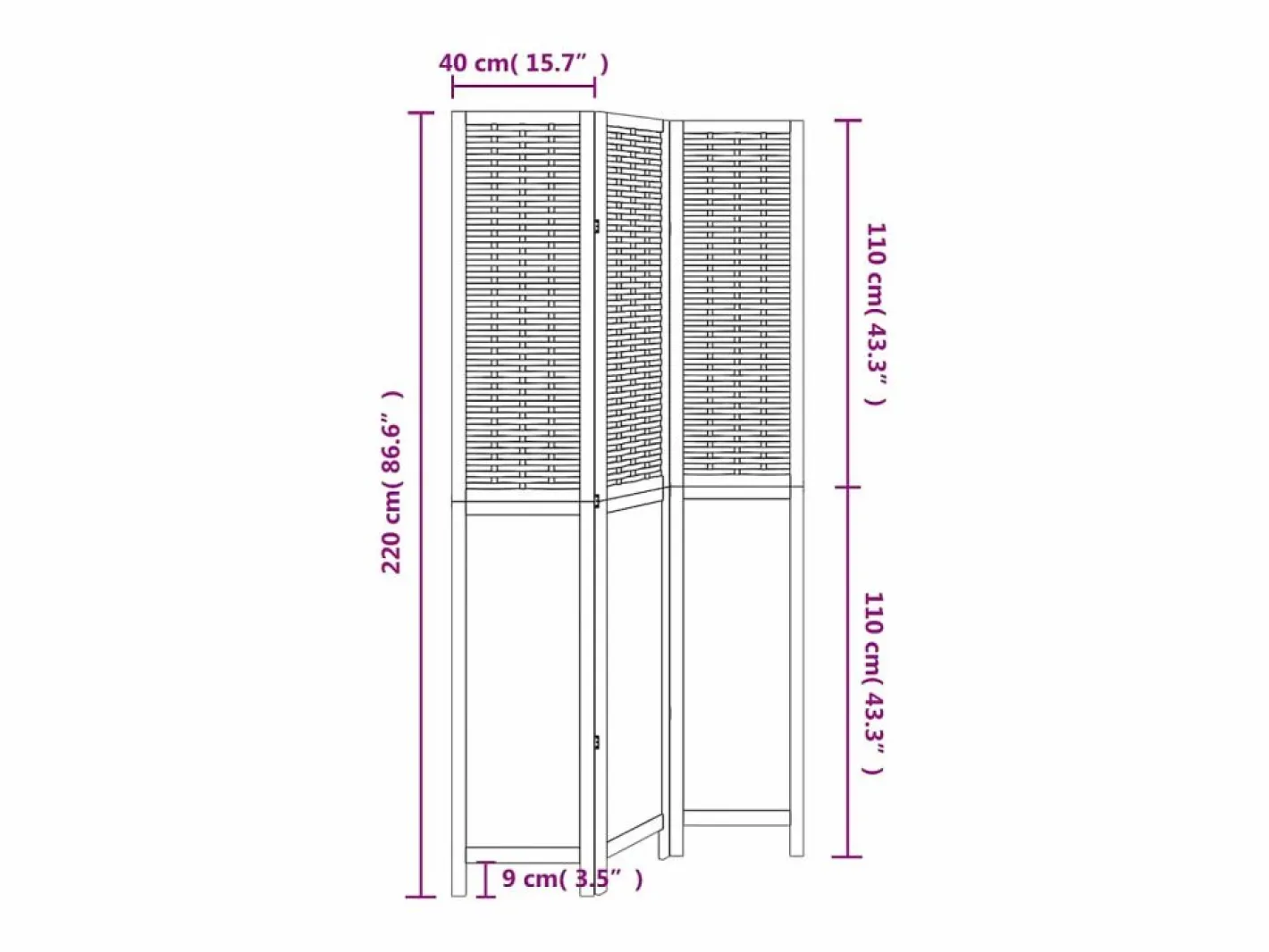 Biombo|Tabique divisorio de 3 paneles en madera maciza de paulownia blanca