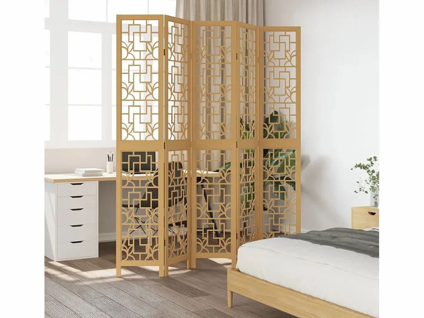 Tabique divisorio de 5 paneles en madera maciza de paulownia marrón Marru00f3n Best
