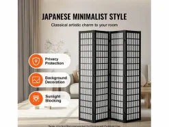 Tabique Divisorio SucceBuy, Tabique Divisorio Japonés de 4 Paneles, Tabique Japonés Portátil, de Madera, Gira 360°, 162 x 170 x 1,9 cm, para Separar Habitaciones Negro New
