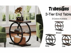 Tabla de apoyo estrecha de 3 niveles, Mesa de salón de madera con marco de metal negro, Mesa baja industrial para sofá^Tribesigns