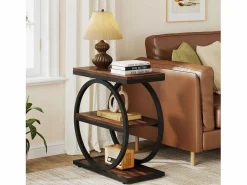 Tabla de apoyo estrecha de 3 niveles, Mesa de salón de madera con marco de metal negro, Mesa baja industrial para sofá^Tribesigns