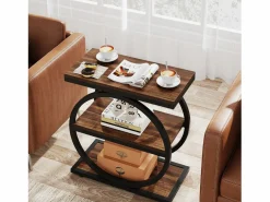 Tabla de apoyo estrecha de 3 niveles, Mesa de salón de madera con marco de metal negro, Mesa baja industrial para sofá^Tribesigns