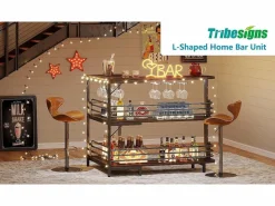 Tribesigns Tabla de bar en forma de L, Tabla de licor de 3 niveles de bistro con estantería para vinos y soporte para vasos de vino, Marrón rústico Marru00f3n Online