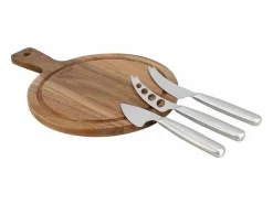 Menastyl Materiales Y Utensilios De Cocina|Tabla de cortar rectangular de madera de acacia con 3 cuchillos para queso de acero inoxidable.