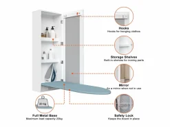 Perchero|Tabla de planchar de pared con mueble de almacenaje, tabla de planchar integrada, estructura plegable, espejo de pared, MDF (35,5x17,5x95 cm)