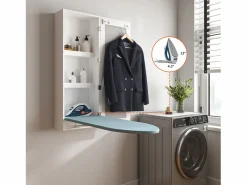 Perchero|Tabla de planchar de pared con mueble de almacenaje, tabla de planchar integrada, estructura plegable, espejo de pared, MDF (35,5x17,5x95 cm)