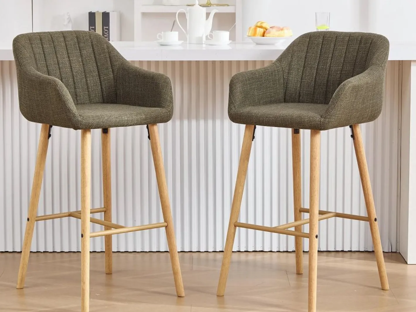 Taburete Alto|Taburete de Bar con Respaldo y Reposabrazos - Pies en Roble, Asiento de Lino - Altura Fija 75 cm - Ideal para Mostrador, Isla de Cocina, Barra