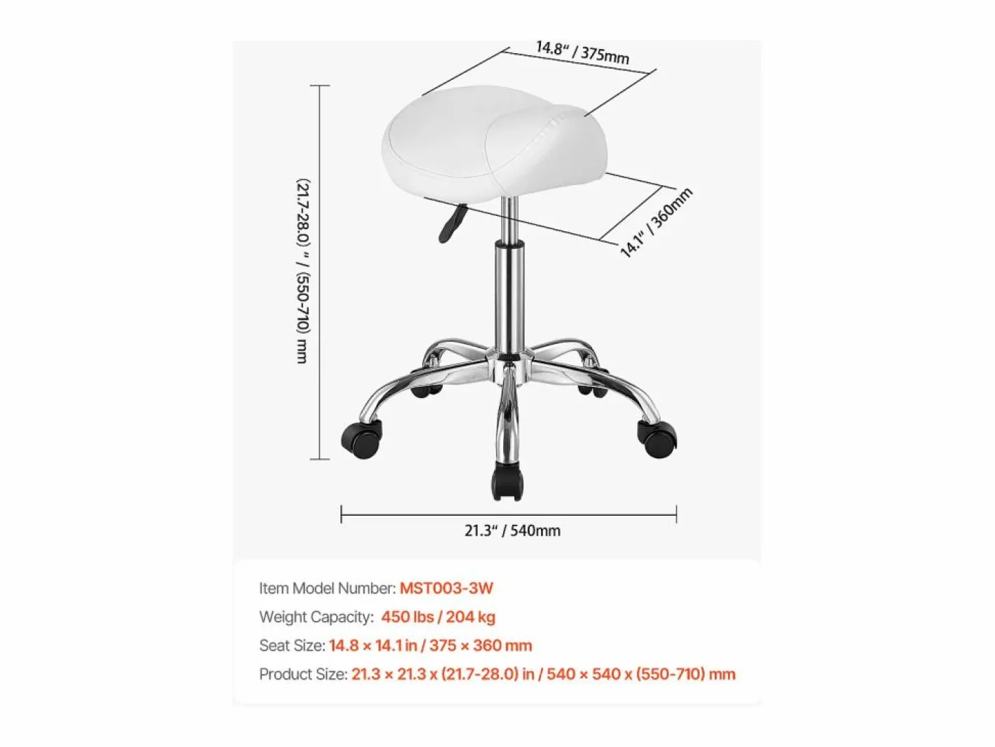 Taburete de Oficina SucceBuy Taburete de Asiento con Ruedas en Cuero PU Ajustable en Altura Blanco