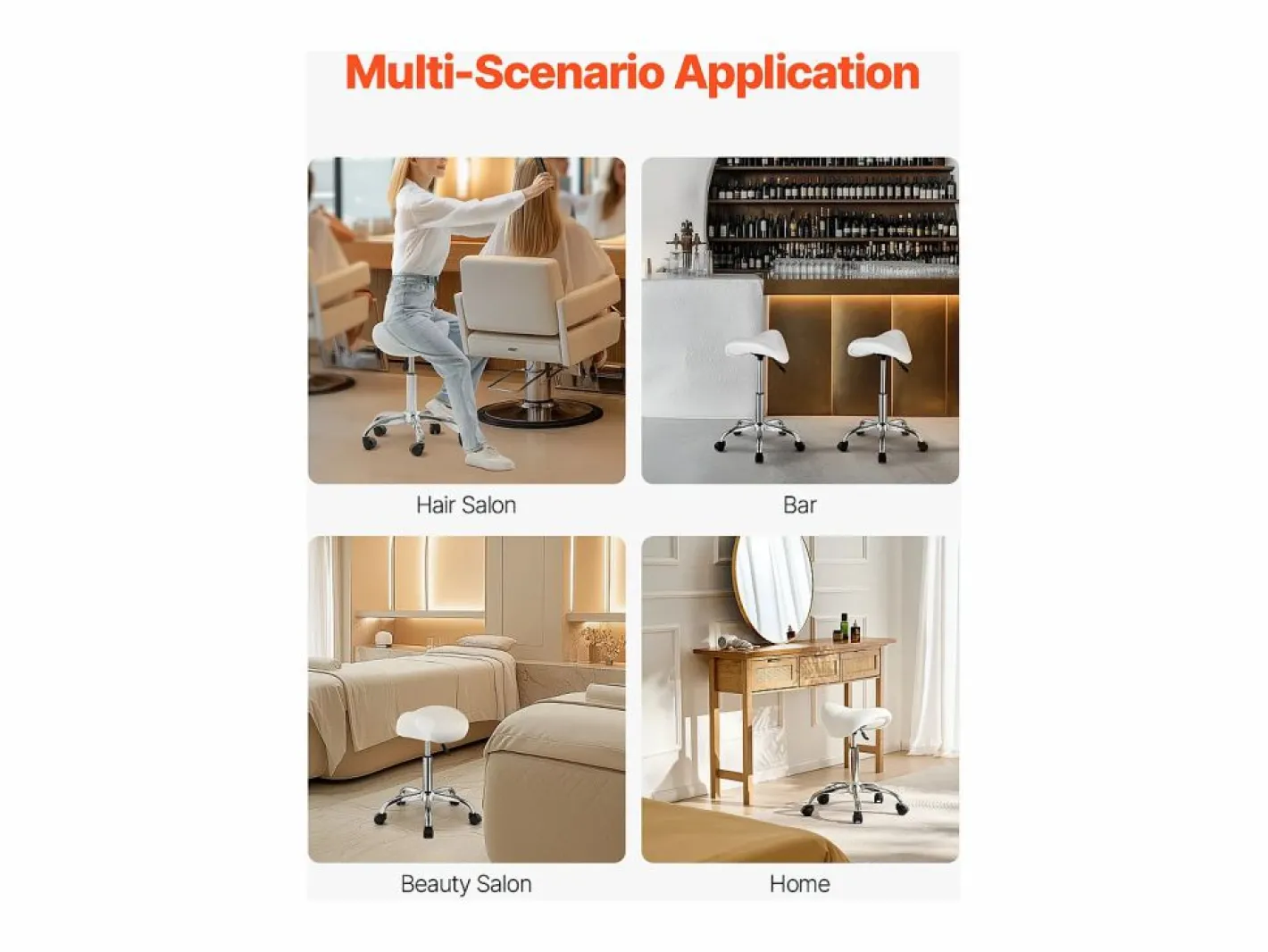 Taburete de Oficina SucceBuy Taburete de Asiento con Ruedas en Cuero PU Ajustable en Altura Blanco