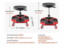 Taburete De Oficina|Taburete de Taller, SucceBuy Taburete de Taller Móvil, Asiento de Mecánico con Ruedas, Capacidad 136 kg para Reparación y Mantenimiento de Automóviles, y Rojo