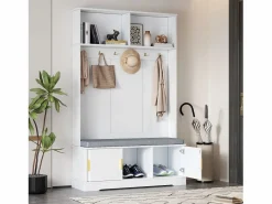 Merax Taquilla - 120 x 40 x 191 cm - con banco zapatero + armario + 6 ganchos triples - aglomerado - Blanco Clearance