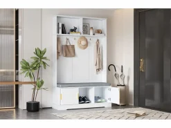 Merax Taquilla - 120 x 40 x 191 cm - con banco zapatero + armario + 6 ganchos triples - aglomerado - Blanco Clearance