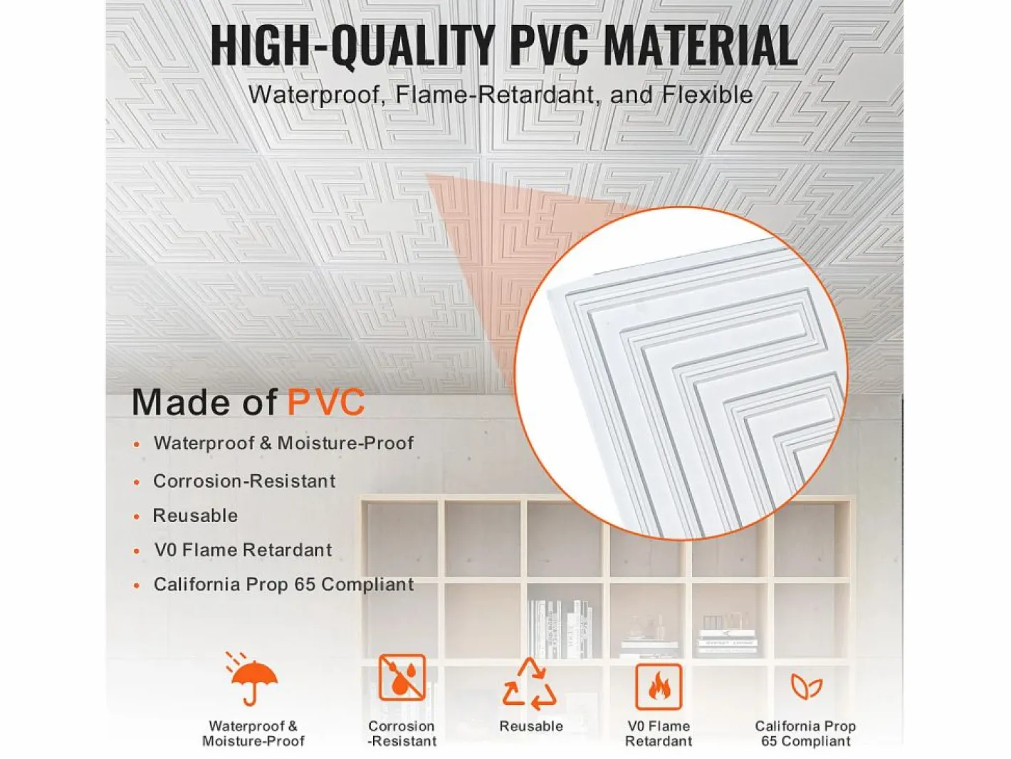 Tejas Autoadhesivas PVC SucceBuy Placas de Techo Pack de 12 60.96CM x 60.96CM PVC Instalación Fácil Eco Estilo Blanco