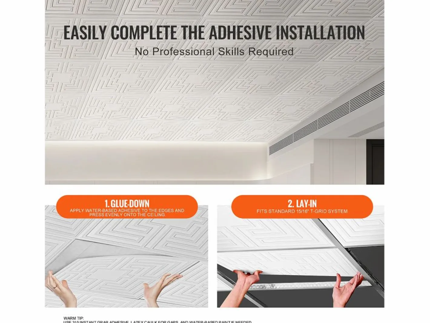 Tejas Autoadhesivas PVC SucceBuy Placas de Techo Pack de 12 60.96CM x 60.96CM PVC Instalación Fácil Eco Estilo Blanco