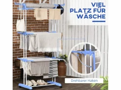 Tendedero de torre de 4 niveles, acero, , extensible con ruedas, para uso interior y exterior (73x64x177 cm) Azul Hot