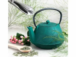 Tetera de hierro fundido Hanami verde esmeralda 1.2 L + pajita de acero inoxidable con filtro^