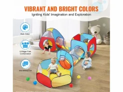 Cabaña Infantil|Tienda de Juego 5 en 1 para Niños SucceBuy con Túnel, Canasta de Baloncesto para Bebés, Varones y Niñas