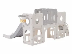 Tobogán de HDPE 6 en 1 para niños con plataforma, escaleras, 2 áreas de almacenamiento, sala de juegos y aro de baloncesto, color gris^ Hot