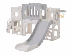 Tobogán de HDPE 6 en 1 para niños con plataforma, escaleras, 2 áreas de almacenamiento, sala de juegos y aro de baloncesto, color gris^ Hot