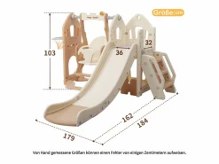 Tobogán de polipropileno 5 en 1 para niños de 3 a 8 años, columpio, tobogán, escalada, espacio de almacenamiento, marco de baloncesto, rosa antiguo^ Clearance