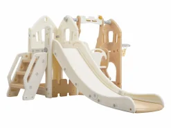 Tobogán de polipropileno 5 en 1 para niños de 3 a 8 años, columpio, tobogán, escalada, espacio de almacenamiento, marco de baloncesto, rosa antiguo^ Clearance