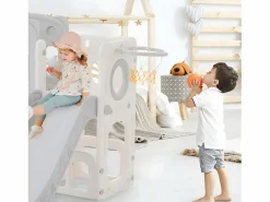 ModernLuxe Tobogán infantil 6 en 1 - compuesto por tobogán, canasta de baloncesto, escalera, túnel y dos espacios de almacenamiento - Polietileno - Gris claro Online