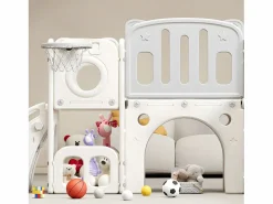 ModernLuxe Tobogán infantil 6 en 1 - compuesto por tobogán, canasta de baloncesto, escalera, túnel y dos espacios de almacenamiento - Polietileno - Gris claro Online