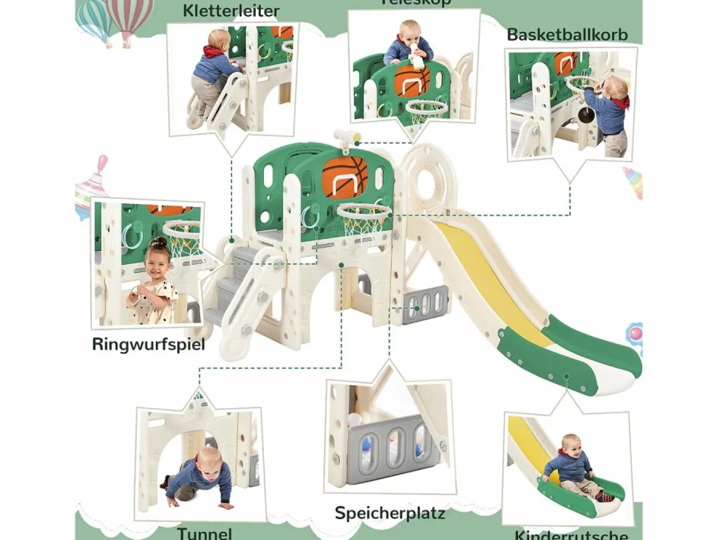 Tobogán|Tobogán para niños, parque infantil interior y exterior, con aro de baloncesto, tobogán y zona de escalada, color verde