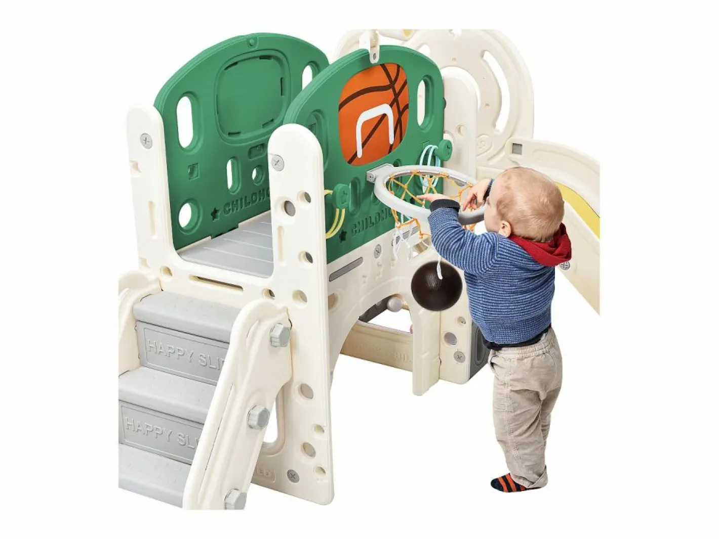 Tobogán|Tobogán para niños, parque infantil interior y exterior, con aro de baloncesto, tobogán y zona de escalada, color verde