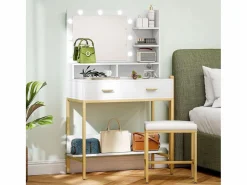 Homcom Tocador Aura 2 cajones + espejo LED + taburete /dorado Blanco Clearance
