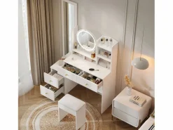 Tocador con espejo LED, espejo de cuerpo entero, 4 cajones de almacenamiento - taburete incluido^OKWISH Best