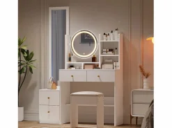 Tocador con espejo LED, espejo de cuerpo entero, 4 cajones de almacenamiento - taburete incluido^OKWISH Best