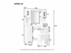 ModernLuxe Tocador con espejo 152×40×105 cm - con taburete - con LED regulable y toma de corriente - con 6 cajones y 4 puertas - Blanco Clearance