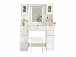 ModernLuxe Tocador con espejo 152×40×105 cm - con taburete - con LED regulable y toma de corriente - con 6 cajones y 4 puertas - Blanco Clearance