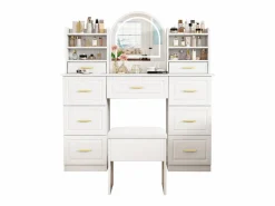 Tocador con espejo, LED, 9 cajones, mesa de maquillaje, (120x40x135 cm)^ Discount