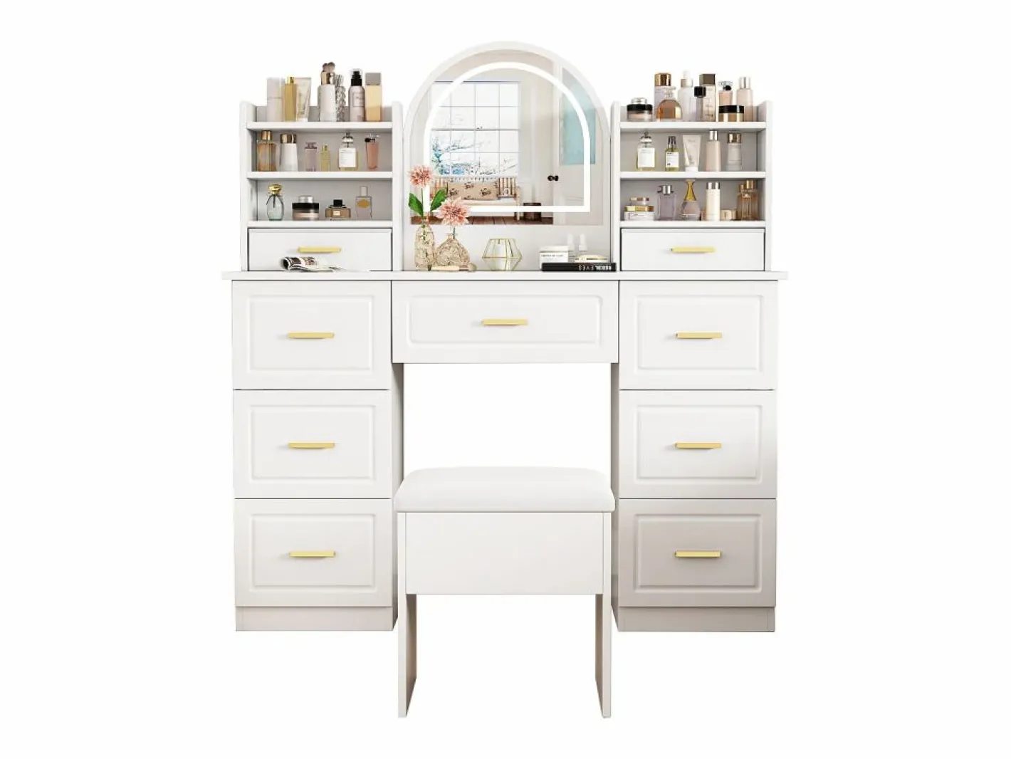 Tocador con espejo, LED, 9 cajones, mesa de maquillaje, (120x40x135 cm)^ Discount