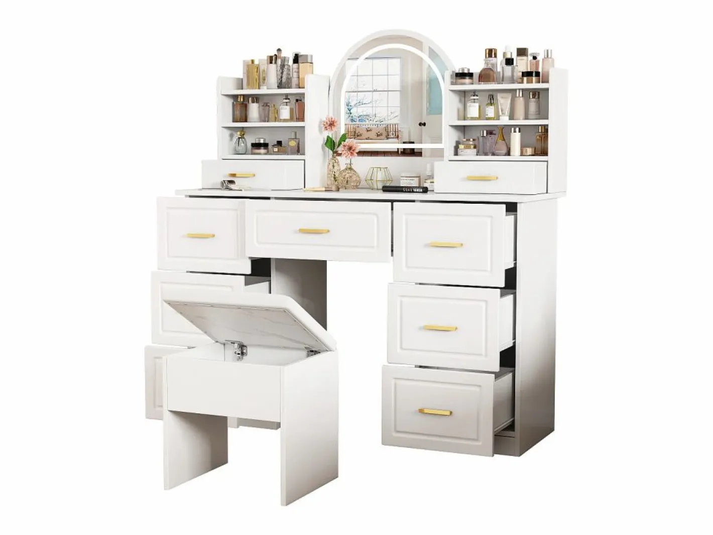 Tocador con espejo, LED, 9 cajones, mesa de maquillaje, (120x40x135 cm)^ Discount