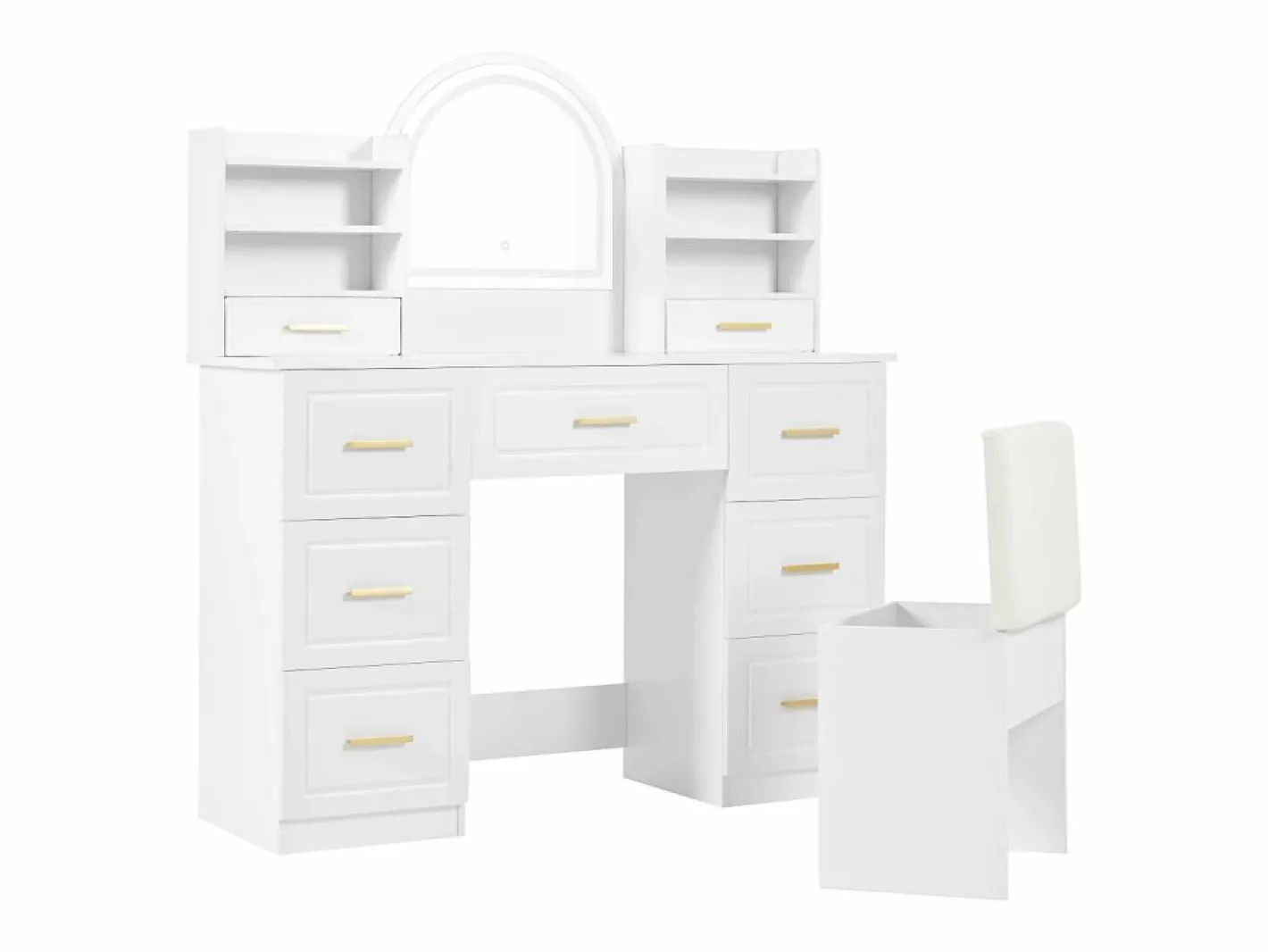 Tocador con espejo, LED, 9 cajones, mesa de maquillaje, (120x40x135 cm)^ Discount