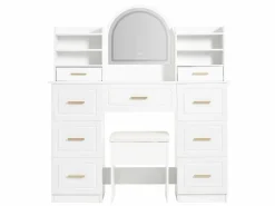 Tocador con espejo, LED, 9 cajones, mesa de maquillaje, (120x40x135 cm)^ Discount